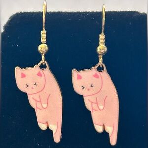 Handmade Pastel Pink White & Gold Cat Earrings Brand New